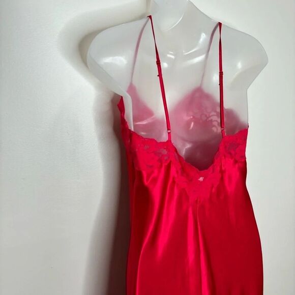 Vintage Victoria’s Secret Y2k Silky Slit Red Maxi Slip Dress Rosette Lace Medium - Picture 5 of 8